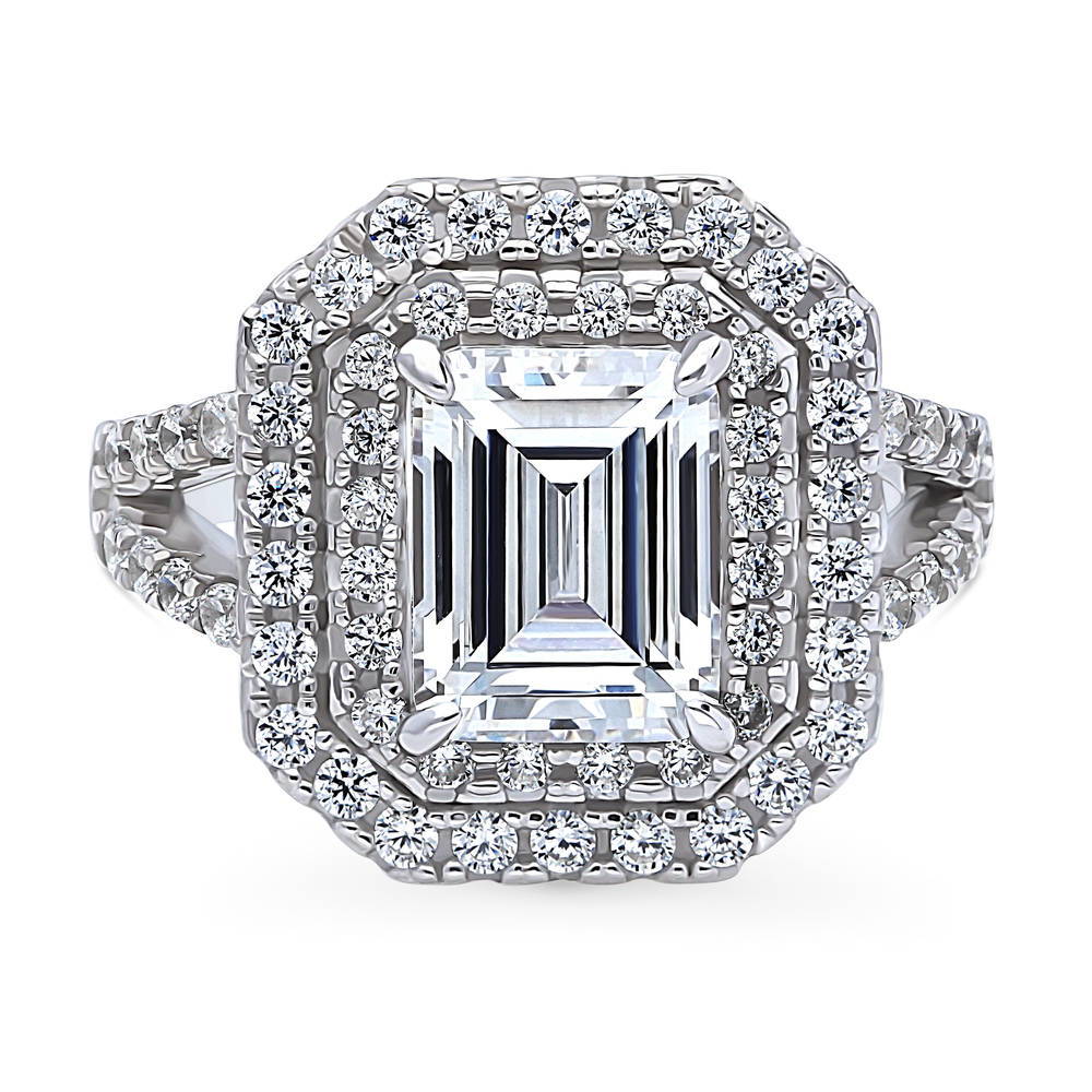 Halo Emerald Cut CZ Statement Split Shank Ring in Sterling Silver