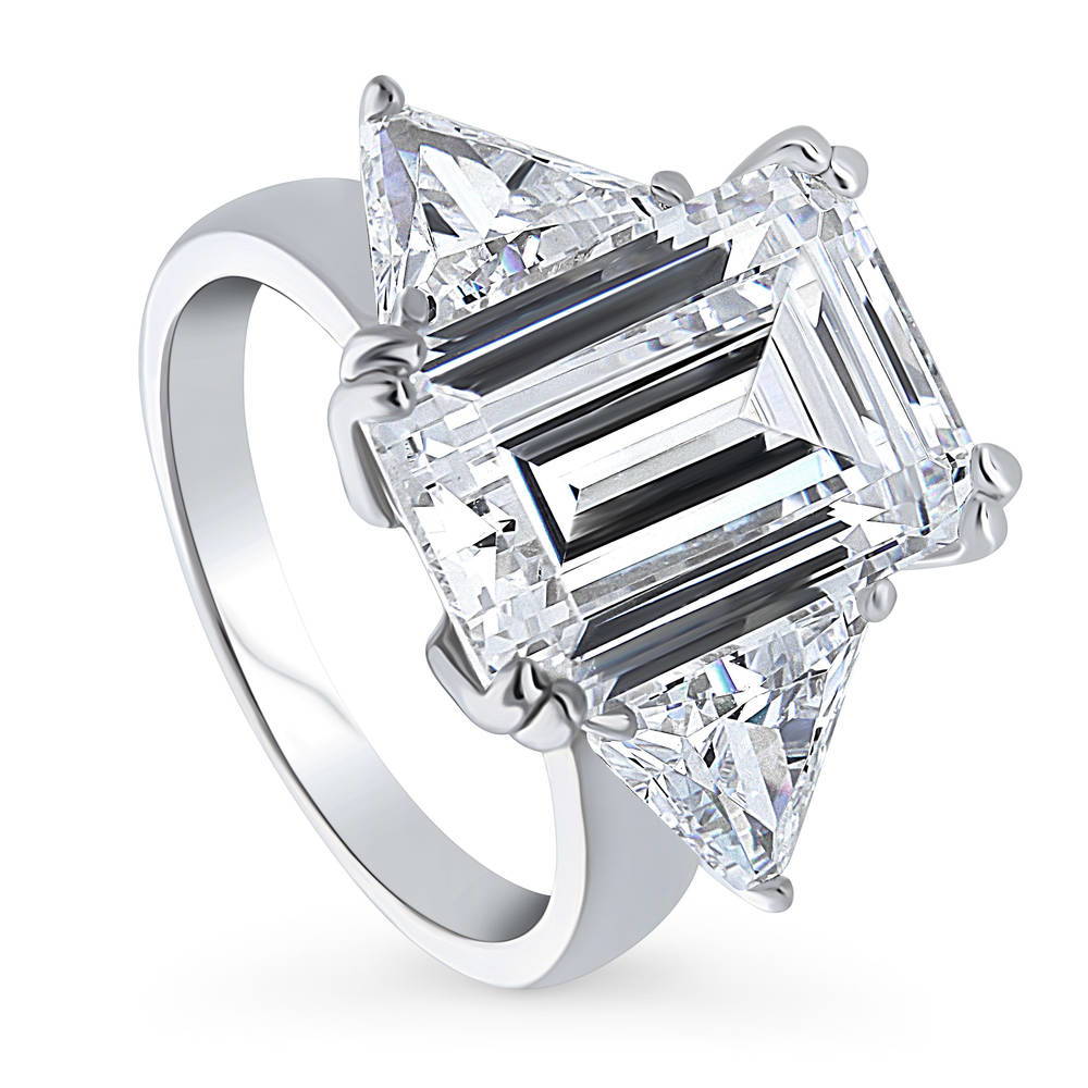 Front view of 3-Stone Emerald Cut CZ Statement Ring in Sterling Silver
