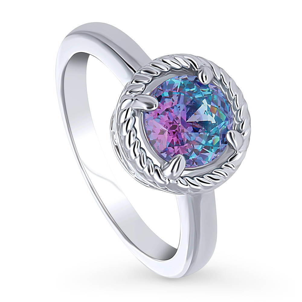 Front view of Solitaire Purple Aqua Round CZ Ring in Sterling Silver 1.25ct