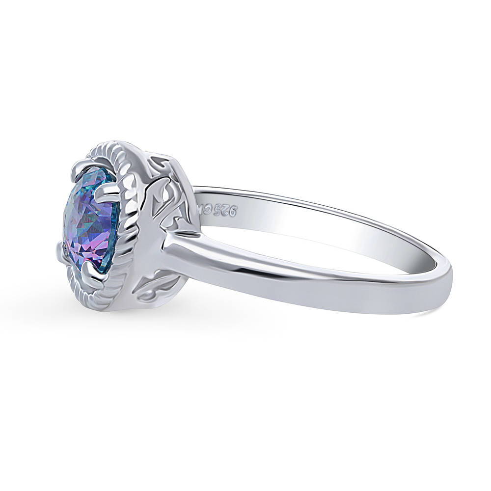 Angle view of Solitaire Purple Aqua Round CZ Ring in Sterling Silver 1.25ct