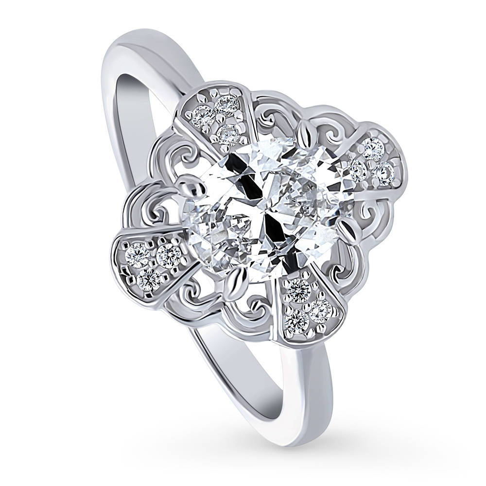 Halo Flower Art Deco Oval CZ Ring in Sterling Silver