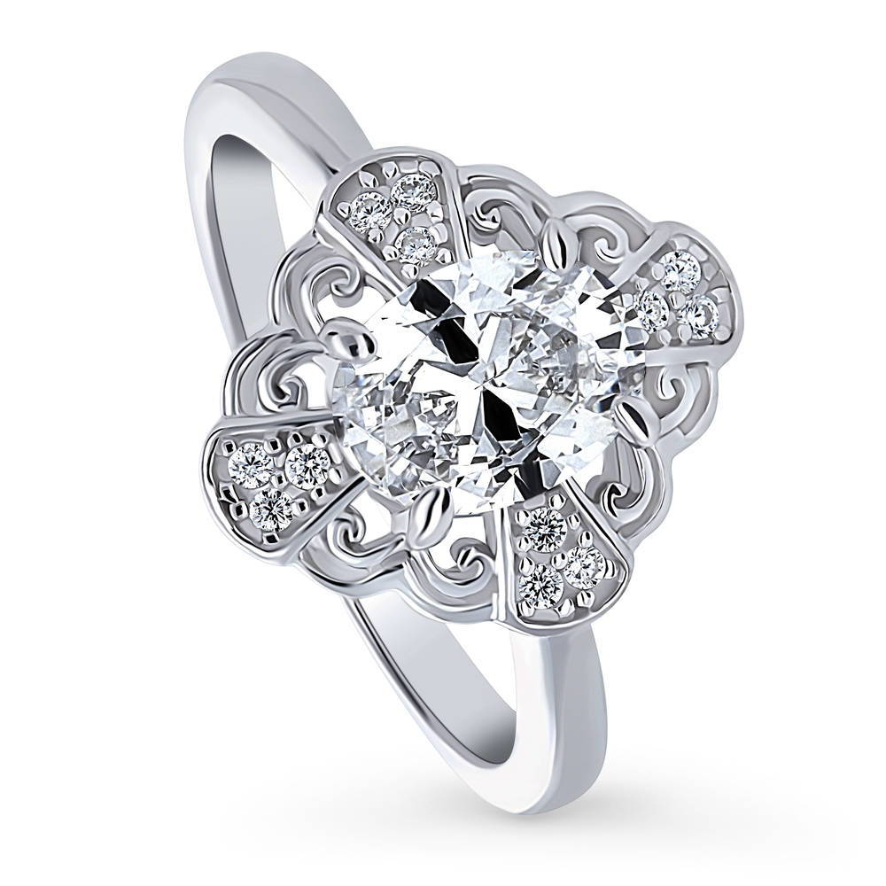 Front view of Halo Flower Oval CZ Ring in Sterling Silver, 4 of 9