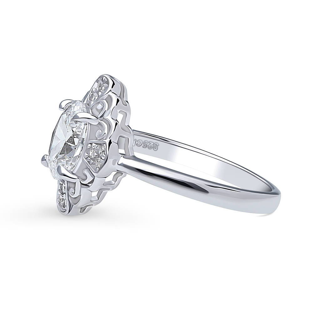 Angle view of Halo Flower Oval CZ Ring in Sterling Silver