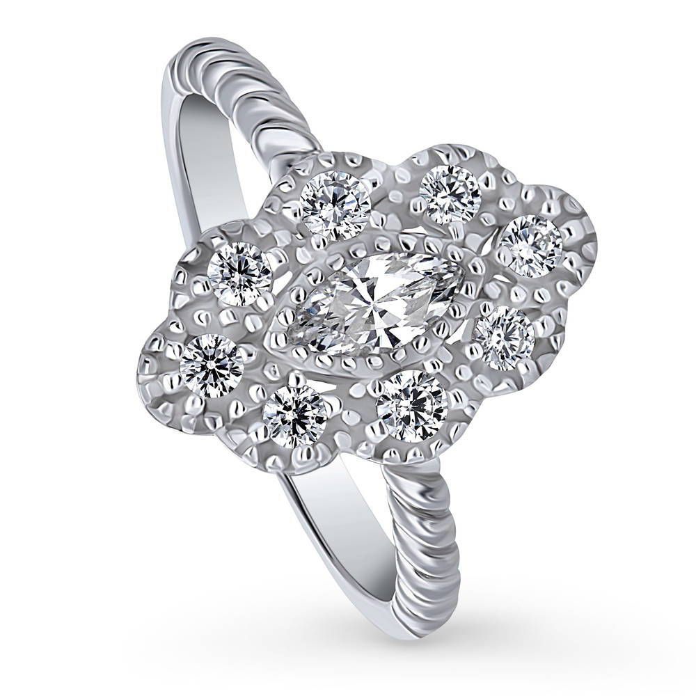 Front view of Halo Navette Marquise CZ Ring in Sterling Silver