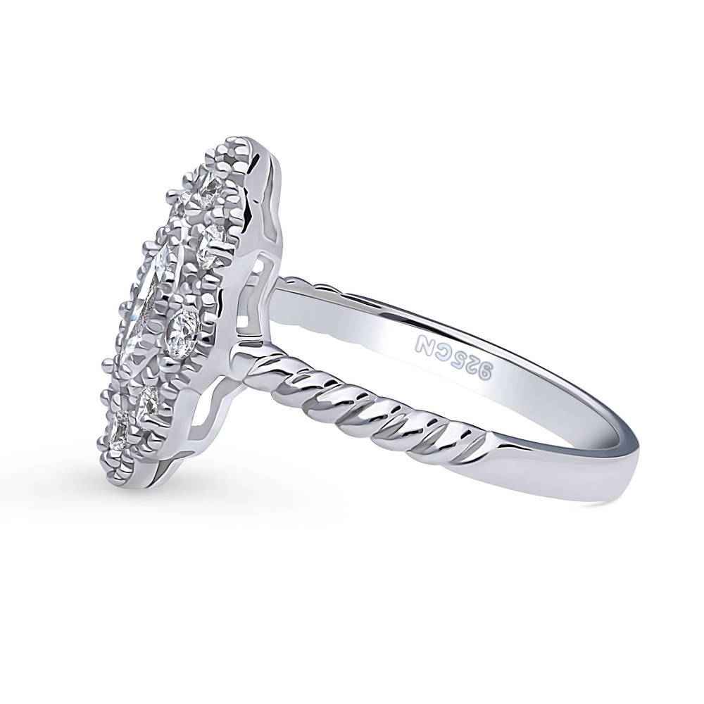 Angle view of Halo Navette Marquise CZ Ring in Sterling Silver