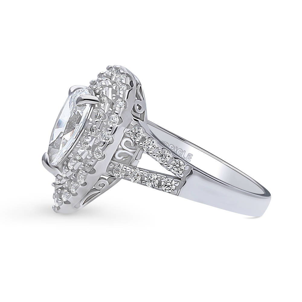 Angle view of Halo Pear CZ Statement Split Shank Ring in Sterling Silver