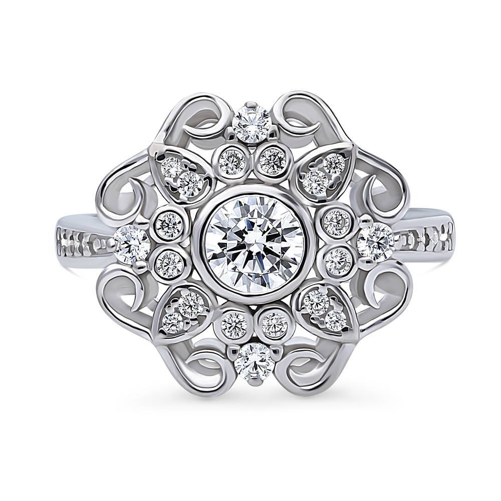 Halo Flower Round CZ Ring in Sterling Silver