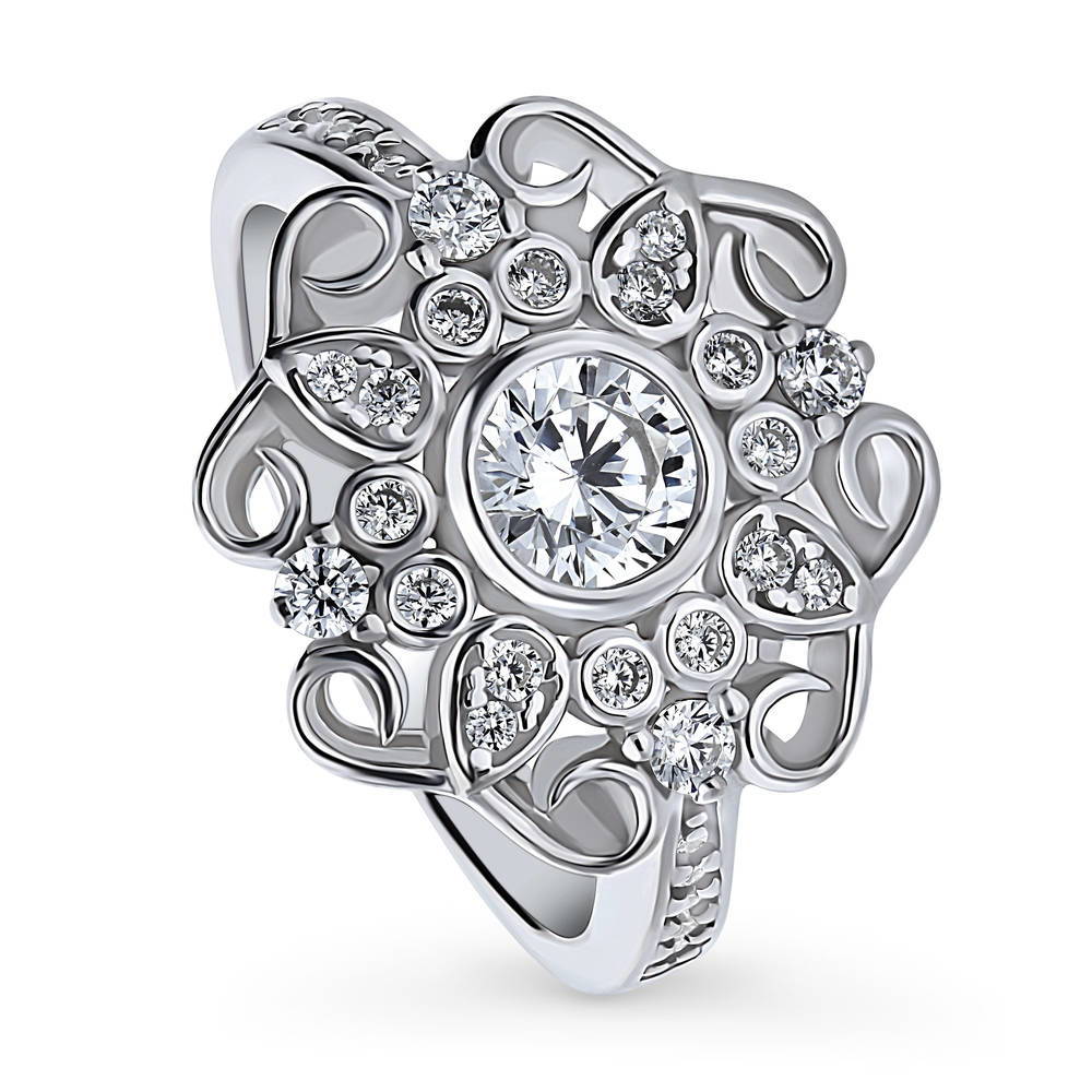 Halo Flower Art Deco CZ Ring in Sterling Silver