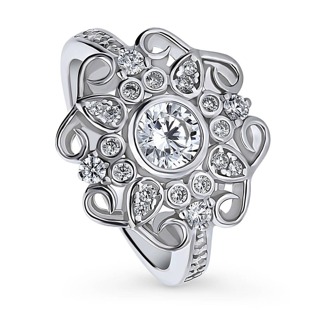 Front view of Halo Flower Round CZ Ring in Sterling Silver, 4 of 9