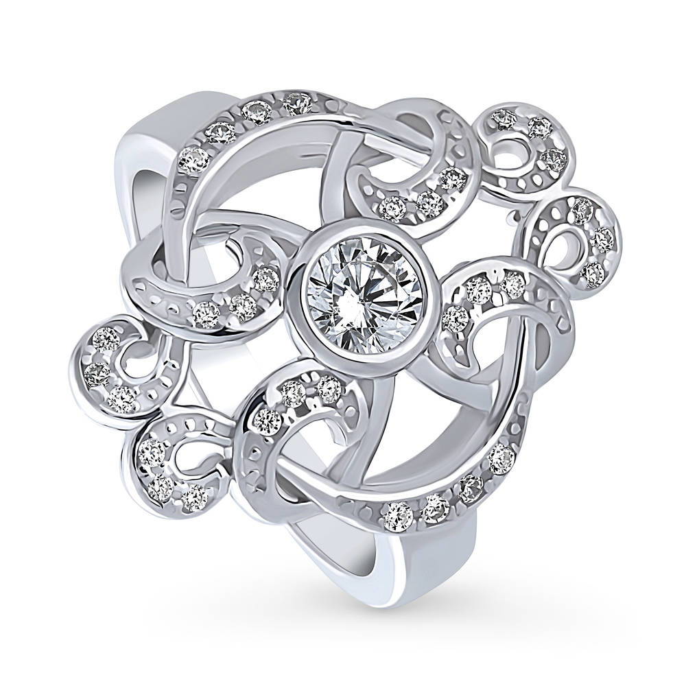 Front view of Flower Art Deco CZ Statement Ring in Sterling Silver, 4 of 9