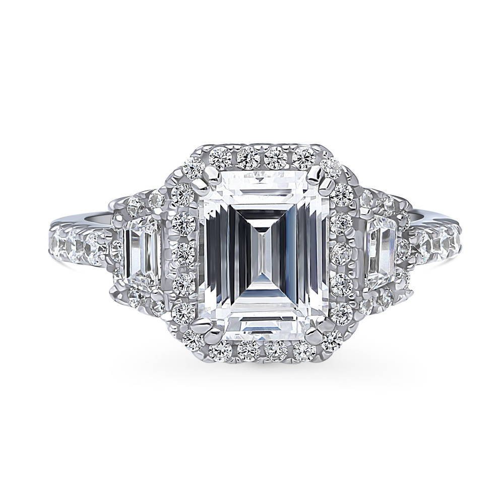3-Stone Halo Step Emerald Cut CZ Ring in Sterling Silver, 1 of 12