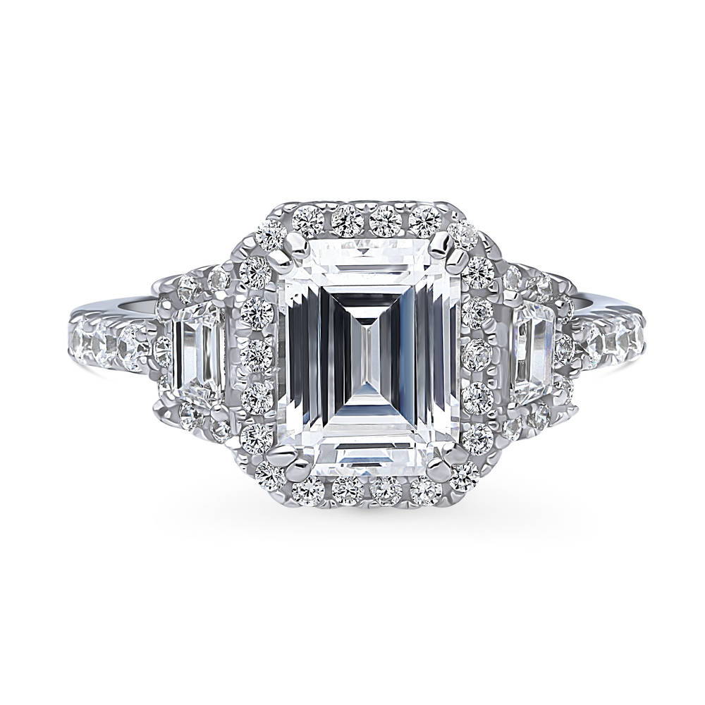 3-Stone Halo Step Emerald Cut CZ Ring in Sterling Silver