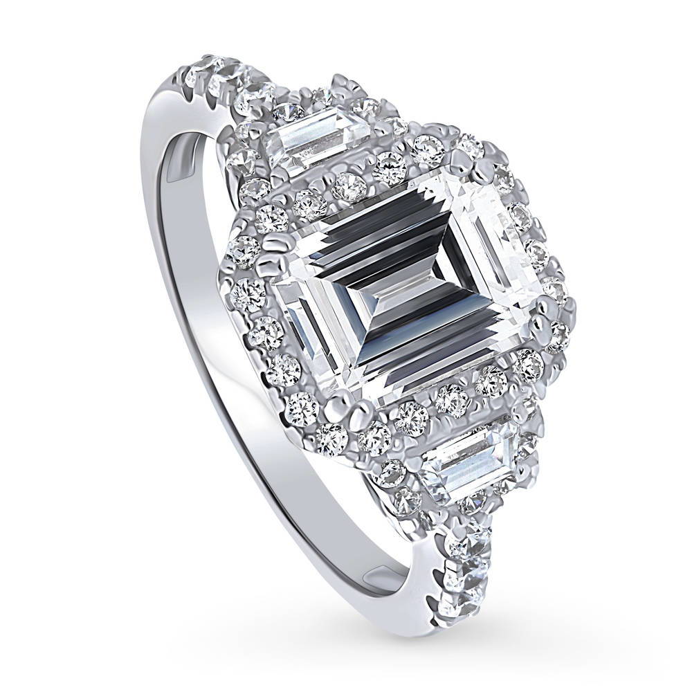 Front view of 3-Stone Halo Step Emerald Cut CZ Ring in Sterling Silver