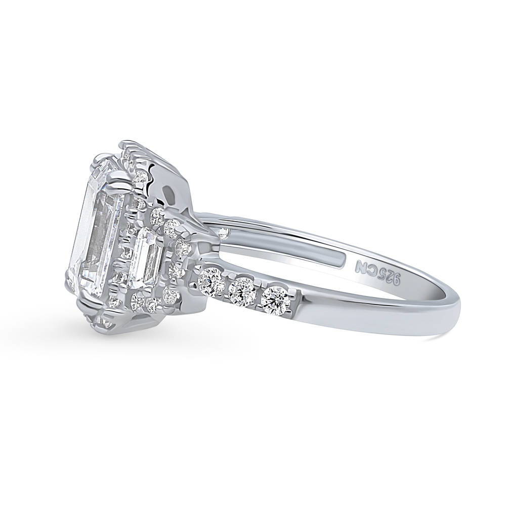 Angle view of 3-Stone Halo Step Emerald Cut CZ Ring in Sterling Silver