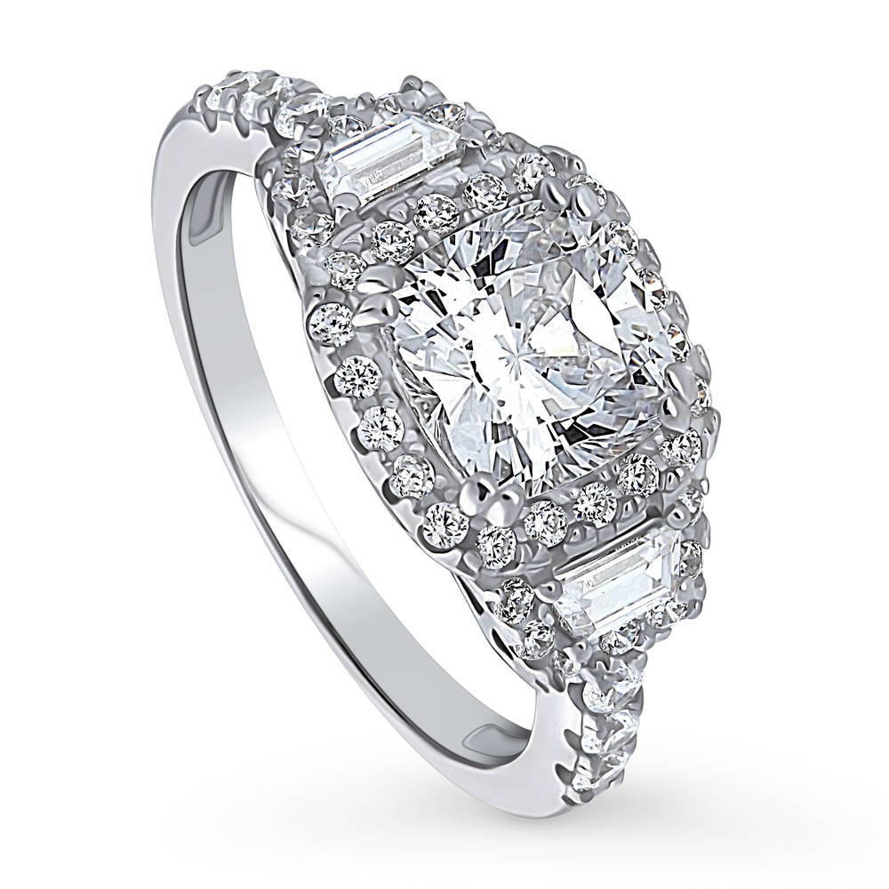 Front view of 3-Stone Halo Cushion CZ Ring in Sterling Silver