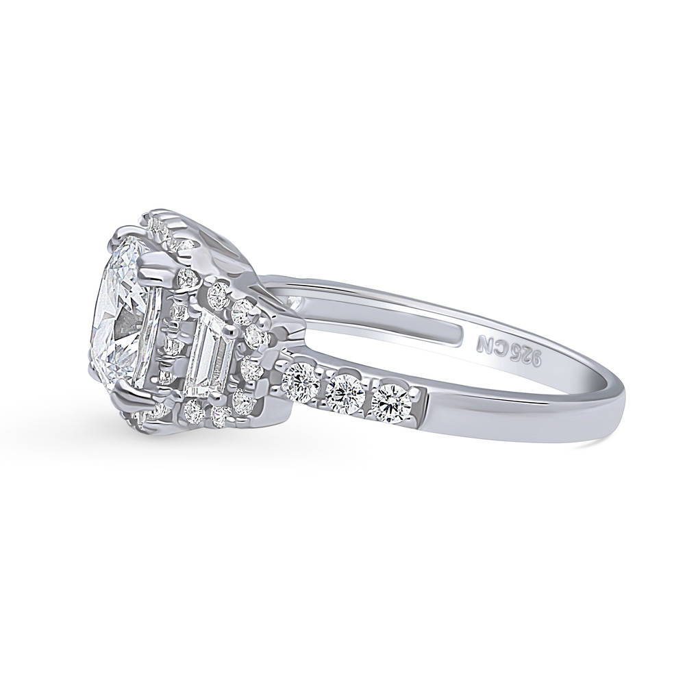 Angle view of 3-Stone Halo Cushion CZ Ring in Sterling Silver