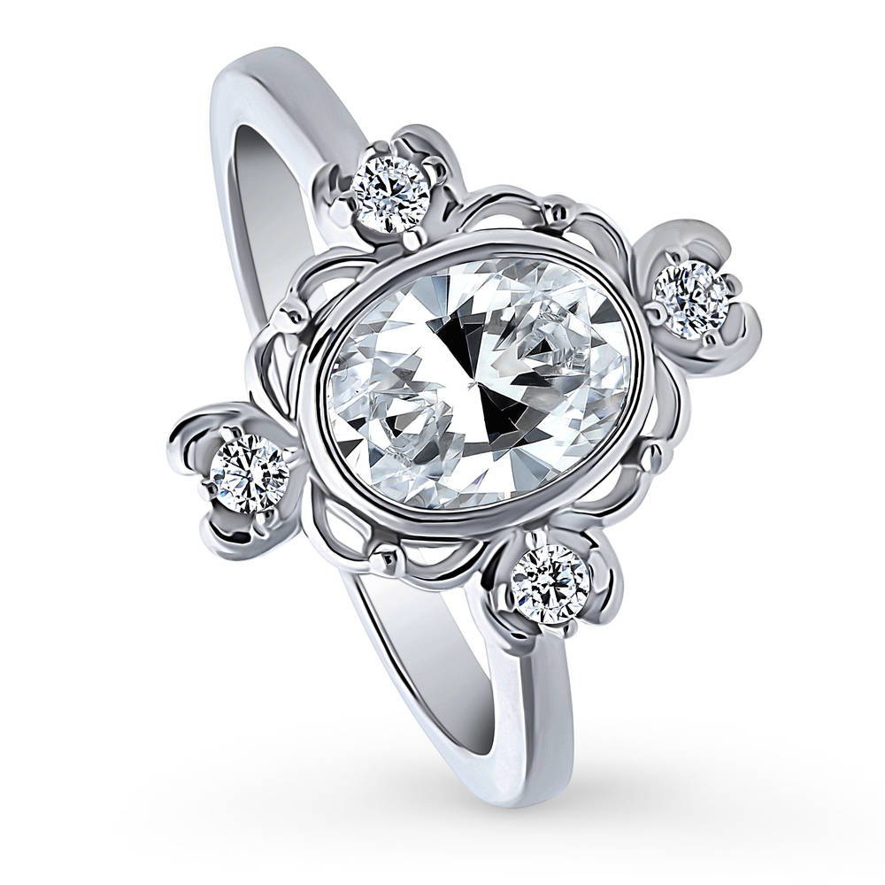Front view of Flower Art Deco CZ Ring in Sterling Silver