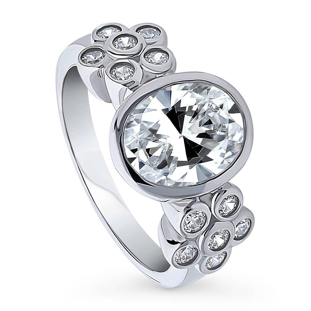 Front view of Flower Solitaire Bezel Set CZ Ring in Sterling Silver