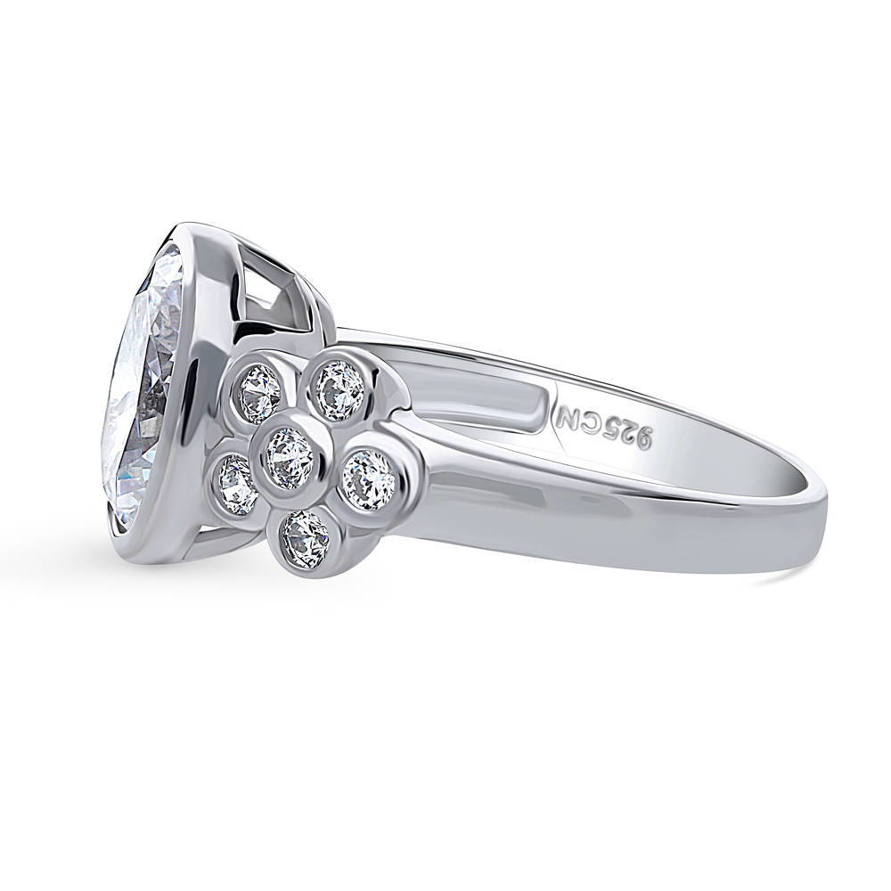 Angle view of Flower Solitaire Bezel Set CZ Ring in Sterling Silver