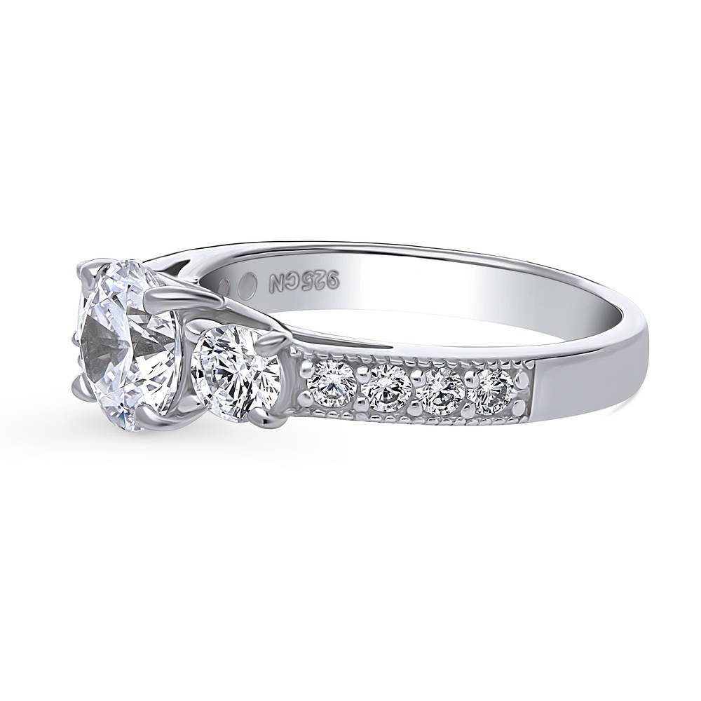 Angle view of 3-Stone Round CZ Ring in Sterling Silver