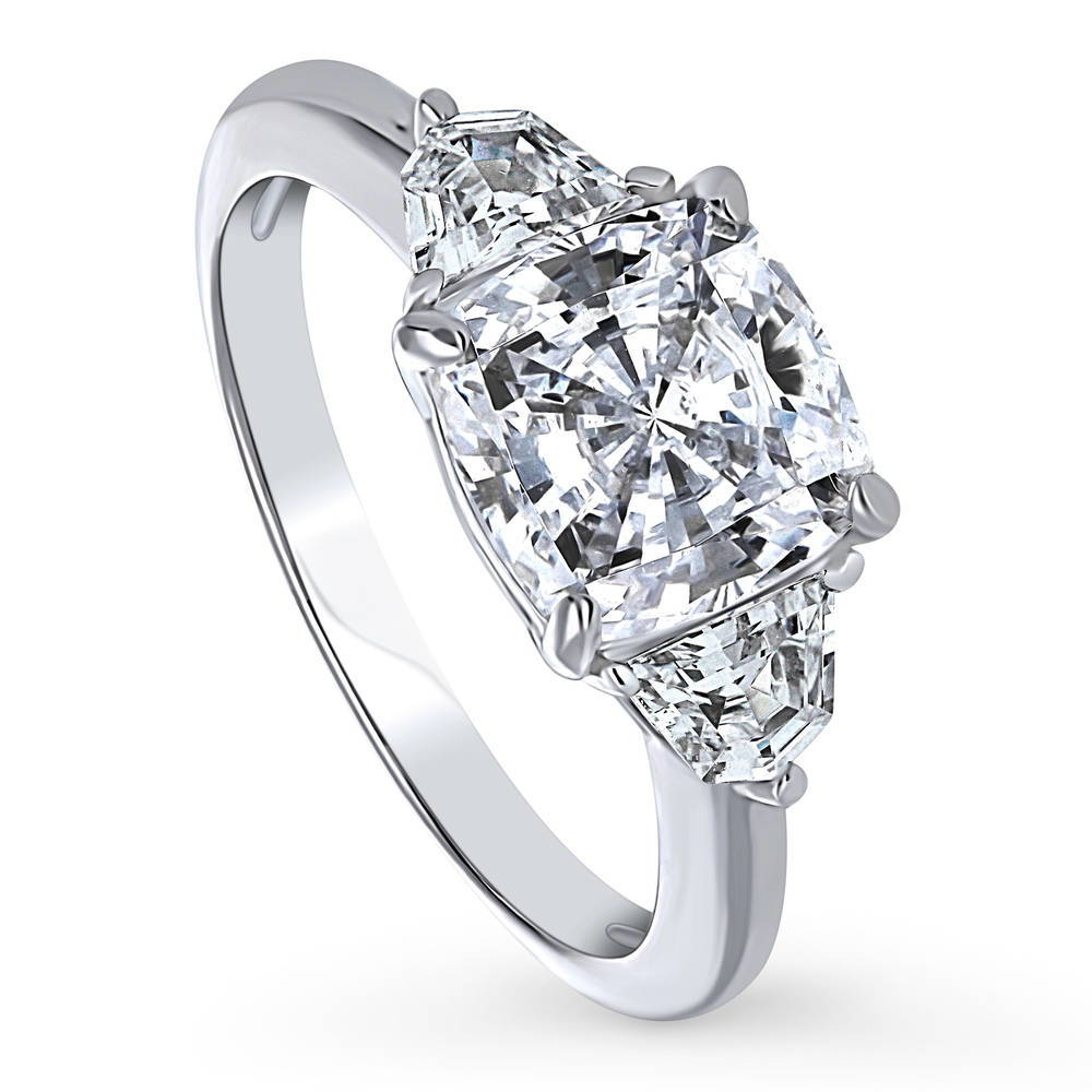 Front view of 3-Stone Cushion CZ Ring in Sterling Silver, 2 of 5