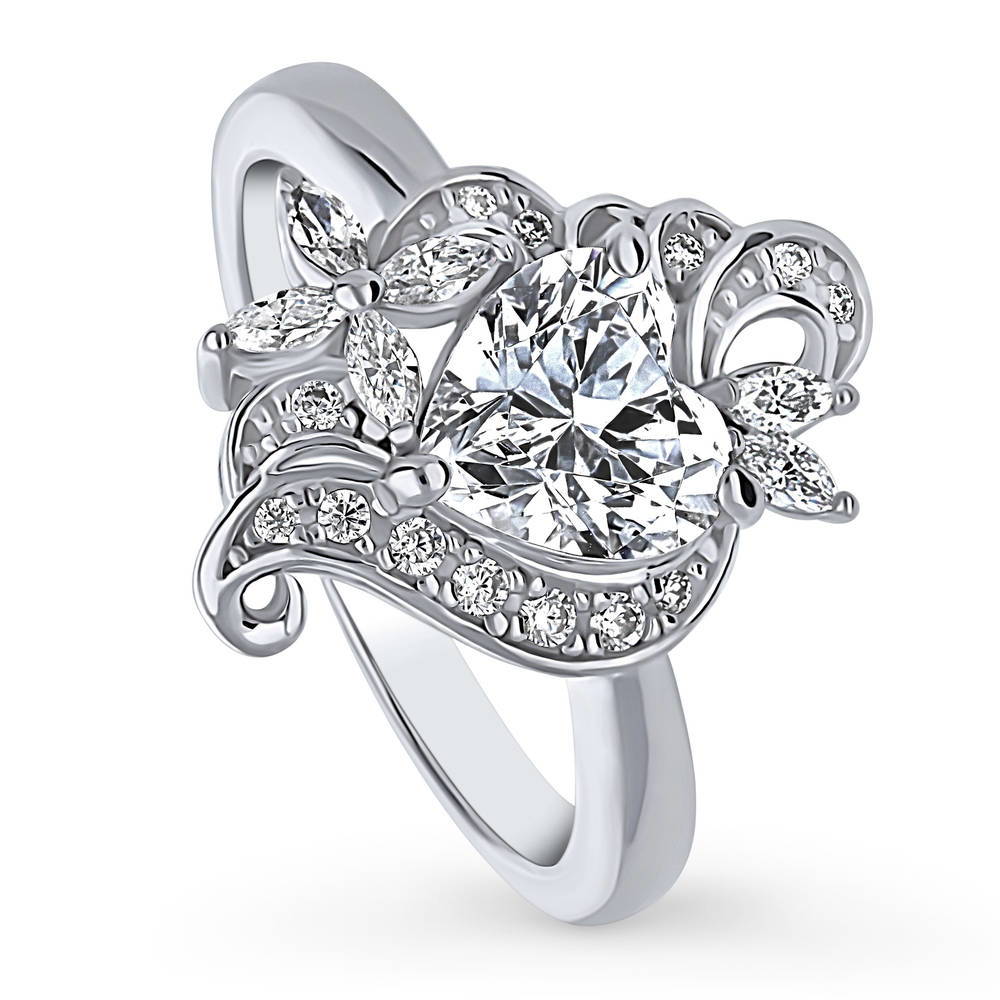 Front view of Heart Flower CZ Ring in Sterling Silver