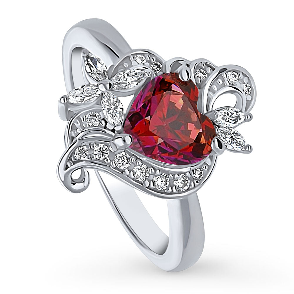 Front view of Heart Flower Simulated Ruby CZ Ring in Sterling Silver