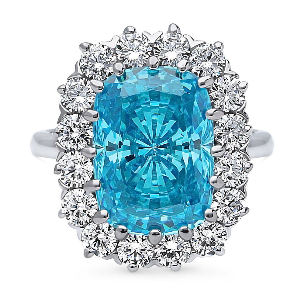 Halo Blue Cushion CZ Statement Ring in Sterling Silver