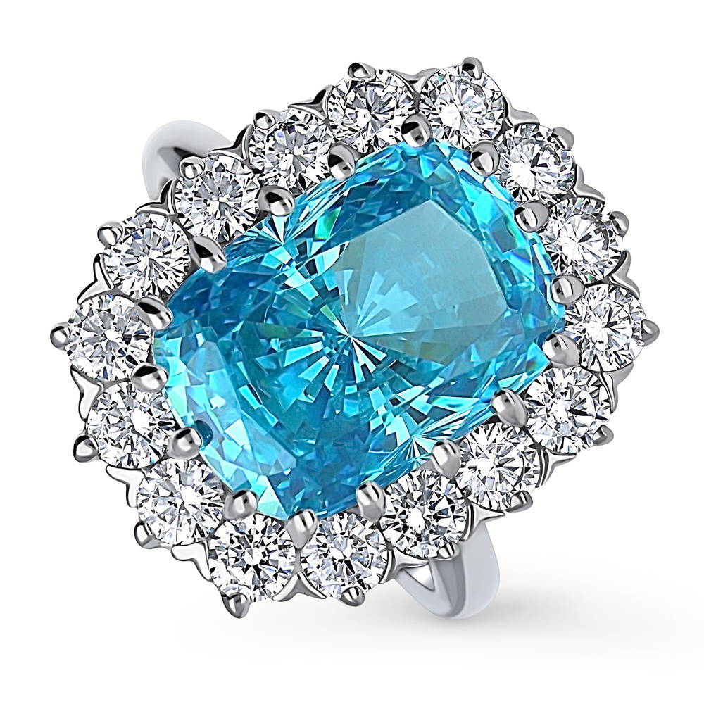 Front view of Halo Blue Cushion CZ Statement Ring in Sterling Silver