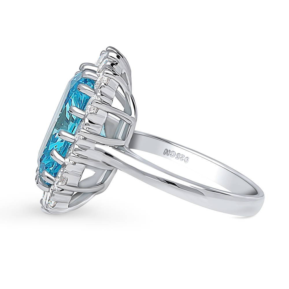 Angle view of Halo Blue Cushion CZ Statement Ring in Sterling Silver