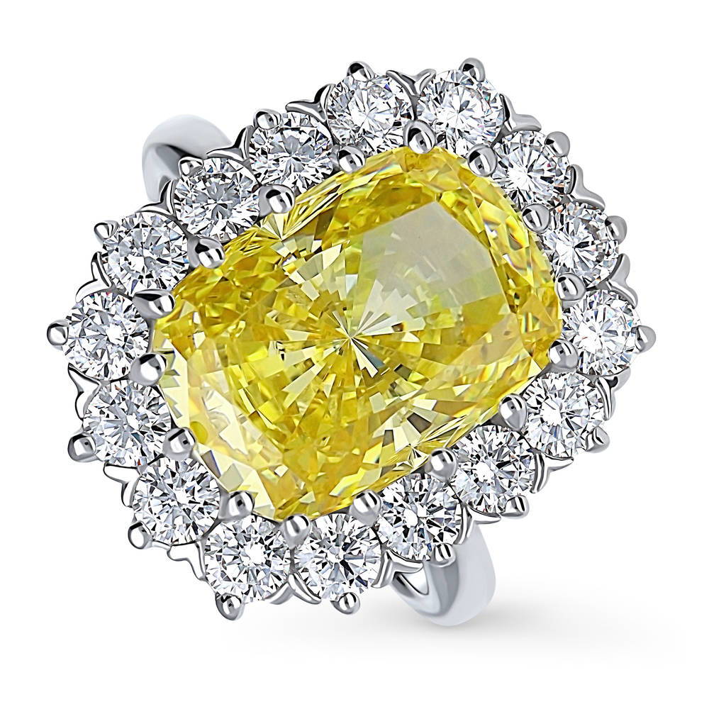 Front view of Halo Yellow Cushion CZ Statement Ring in Sterling Silver