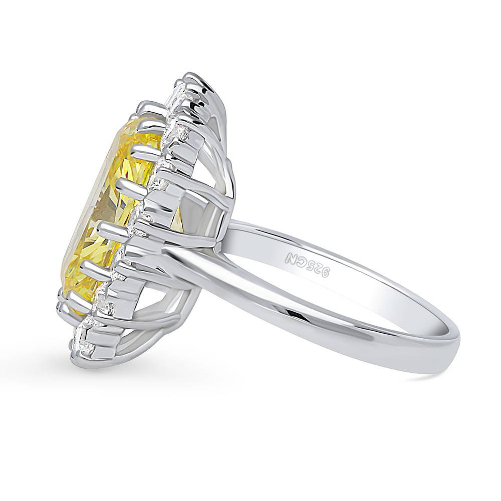 Angle view of Halo Yellow Cushion CZ Statement Ring in Sterling Silver