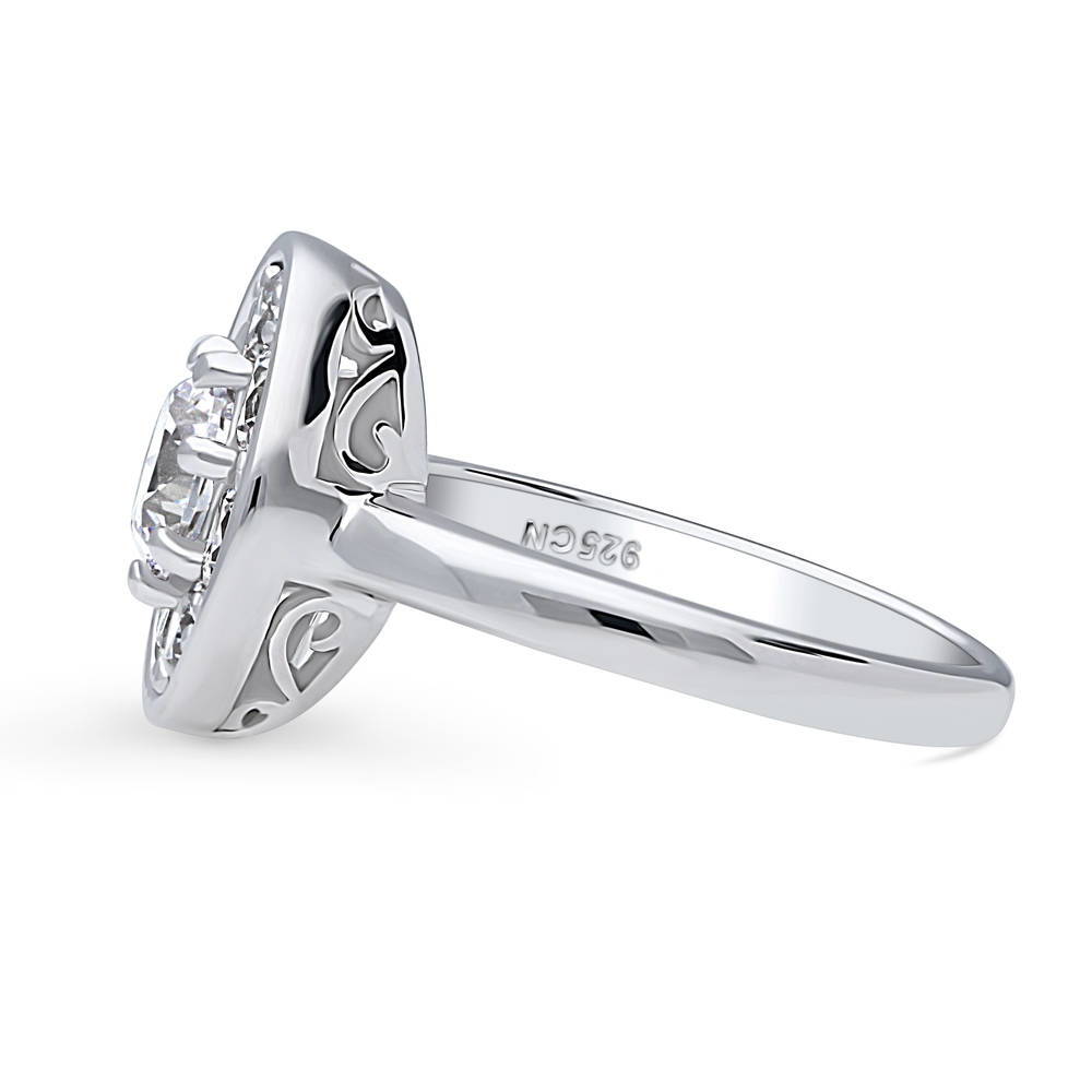 Angle view of Flower Halo CZ Ring in Sterling Silver