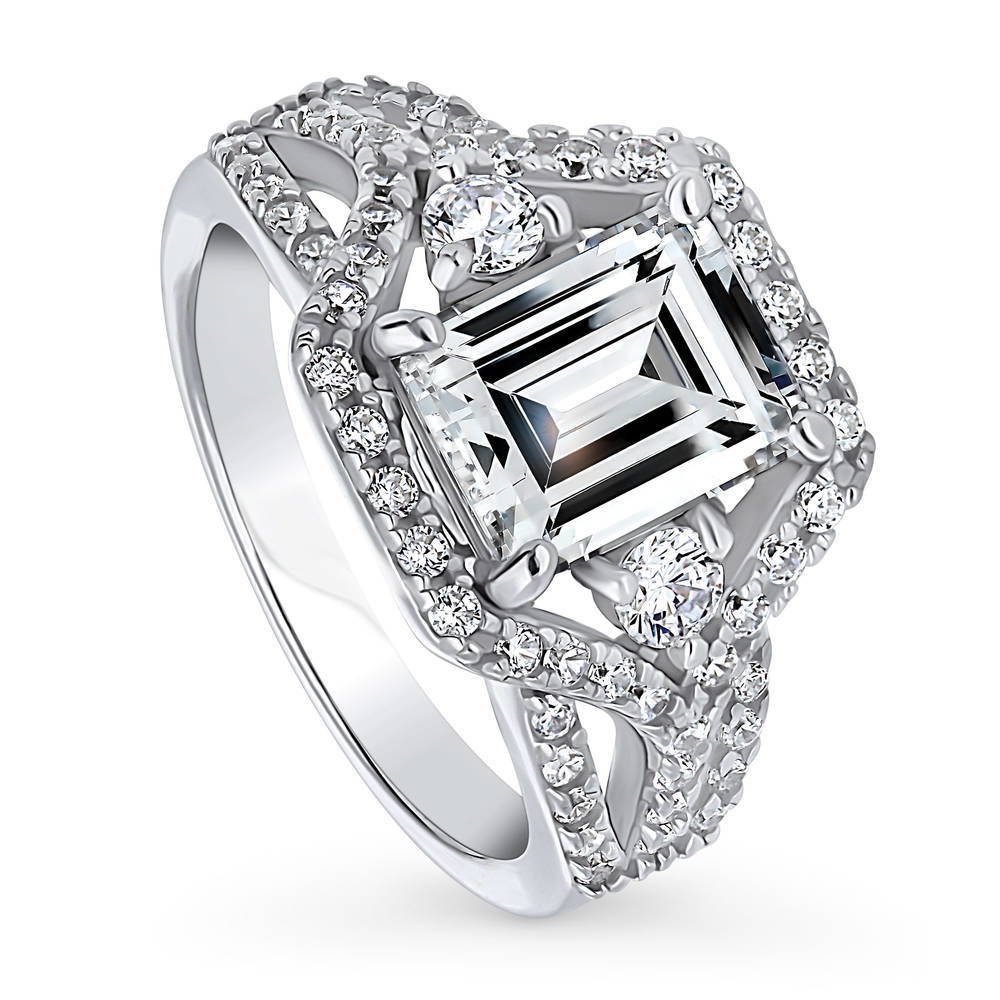 Front view of 3-Stone Art Deco Emerald Cut CZ Split Shank Ring in Sterling Silver