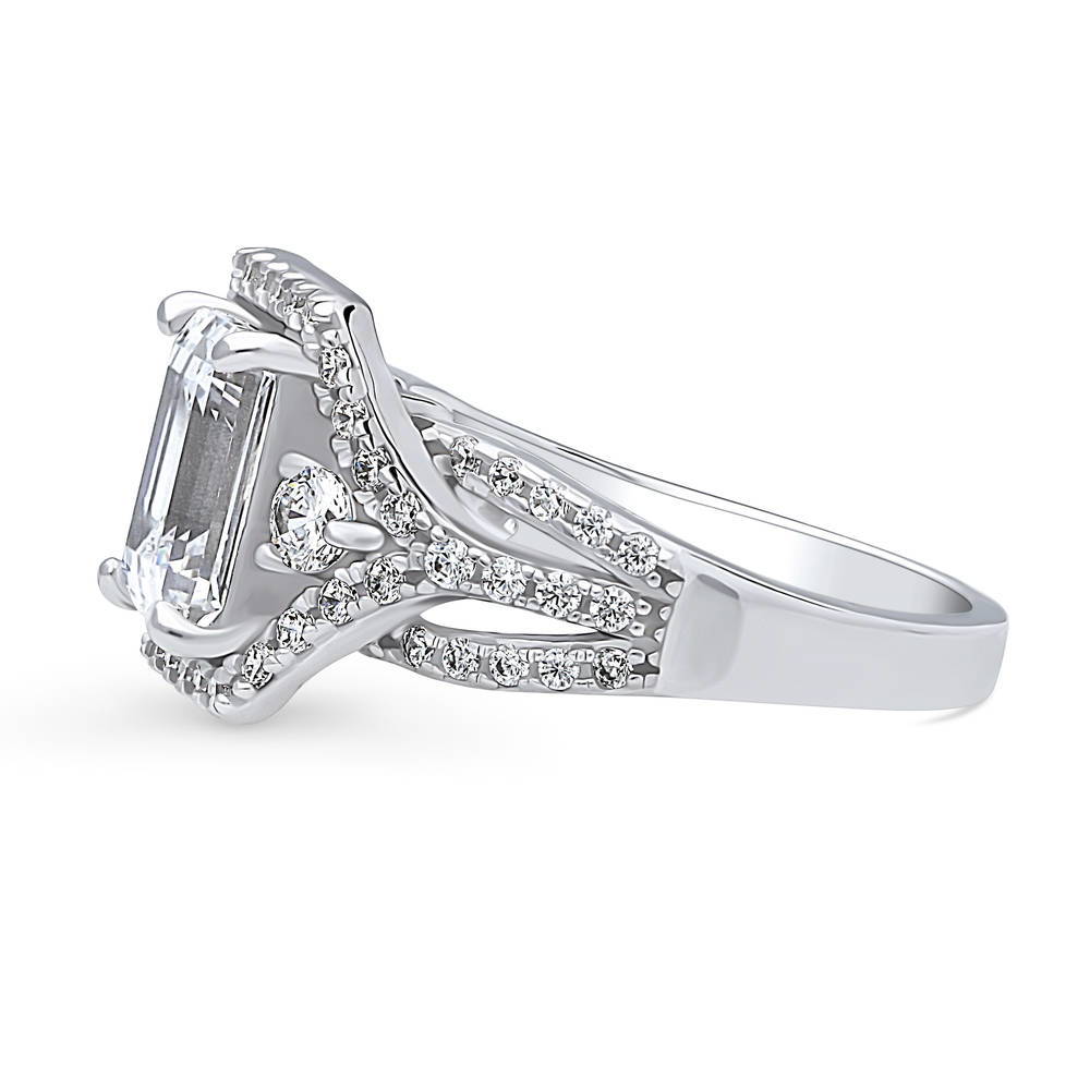 Angle view of 3-Stone Art Deco Emerald Cut CZ Split Shank Ring in Sterling Silver