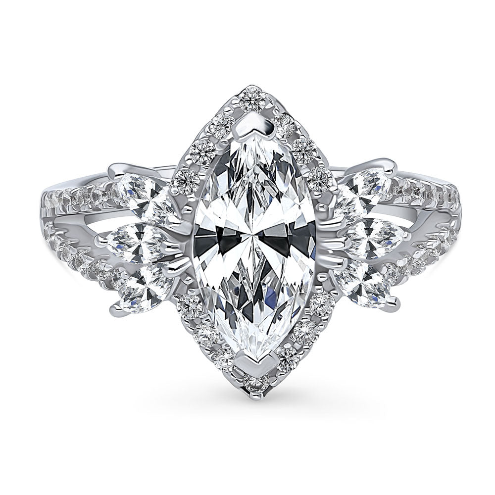 Halo Flower Marquise CZ Split Shank Ring in Sterling Silver, 1 of 13