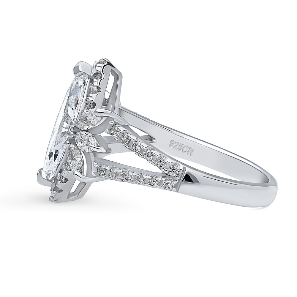 Halo Flower Marquise CZ Split Shank Ring in Sterling Silver