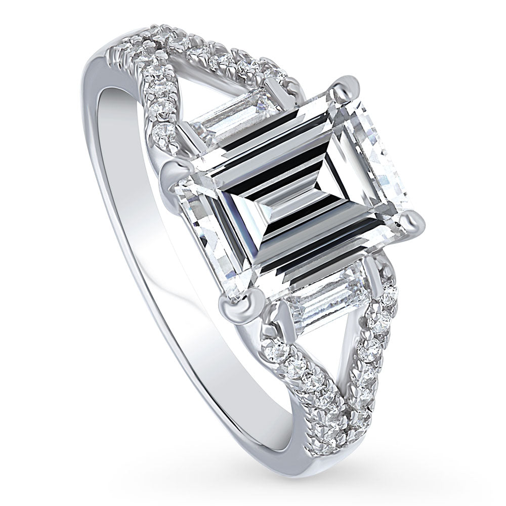 Front view of Solitaire 2.6ct Step Emerald Cut CZ Split Shank Ring in Sterling Silver