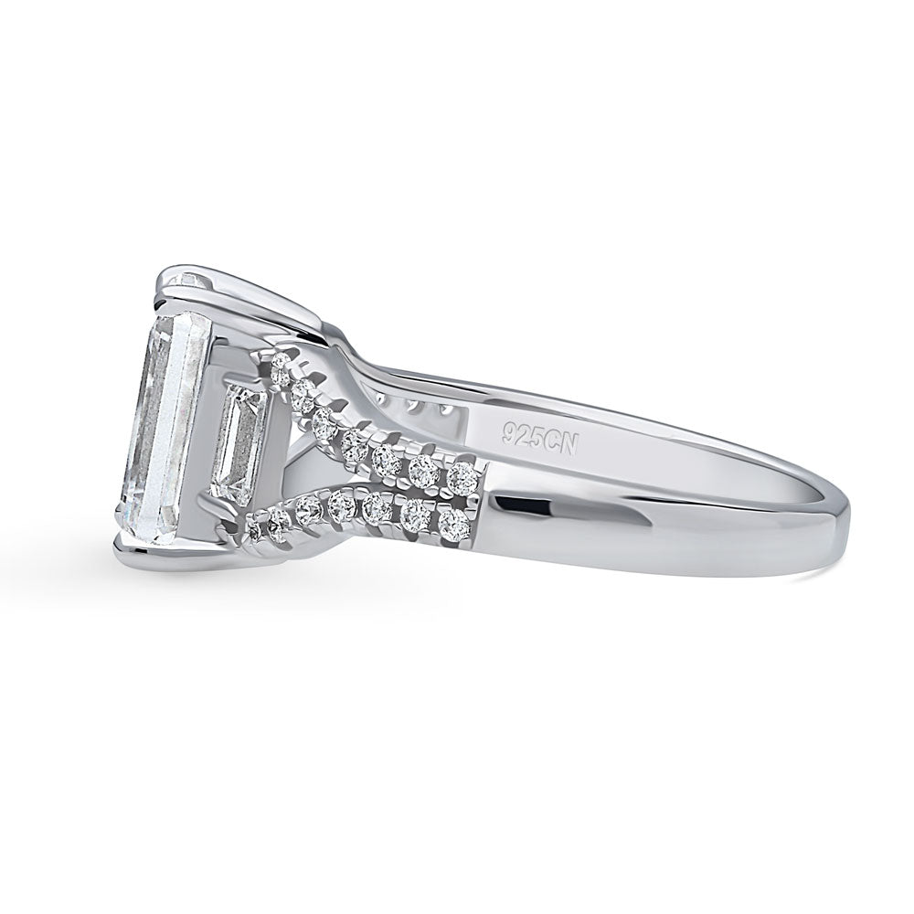 Angle view of Solitaire 2.6ct Step Emerald Cut CZ Split Shank Ring in Sterling Silver