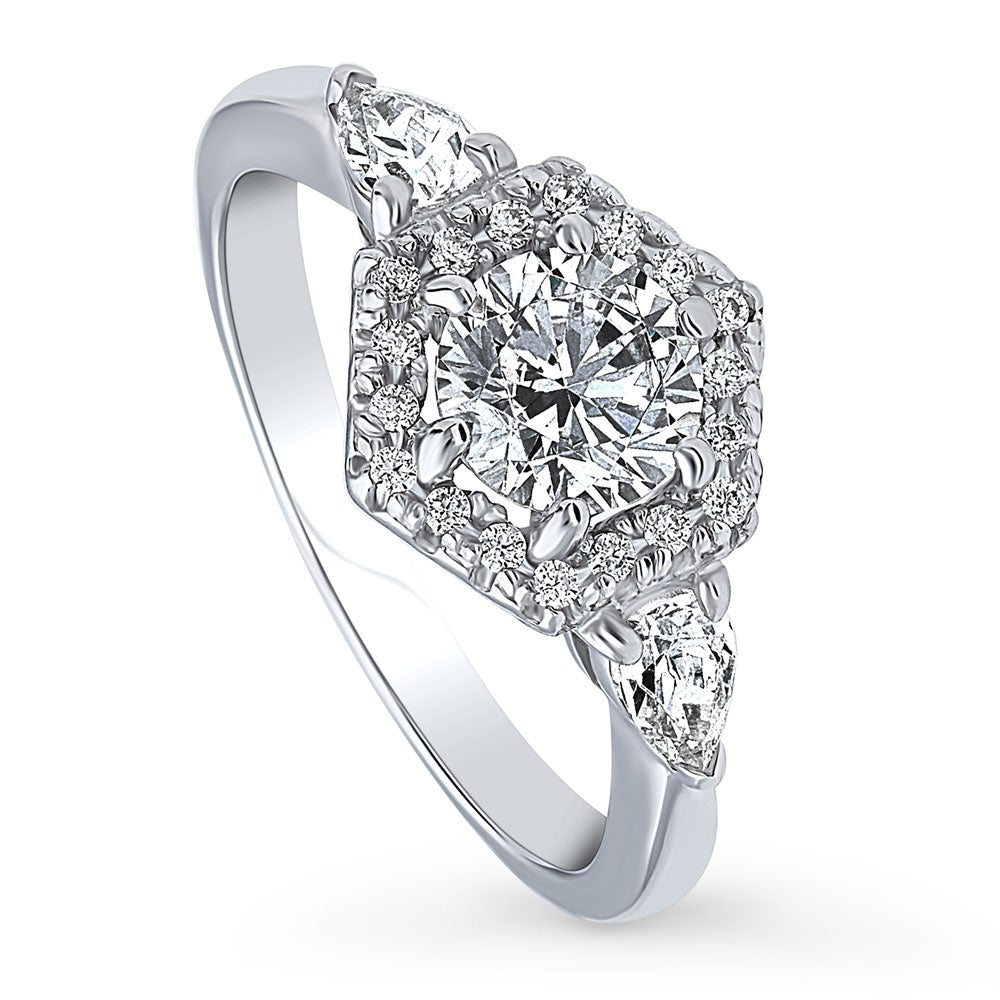 3-Stone Hexagon Halo 0.8ct CZ Ring in Sterling Silver