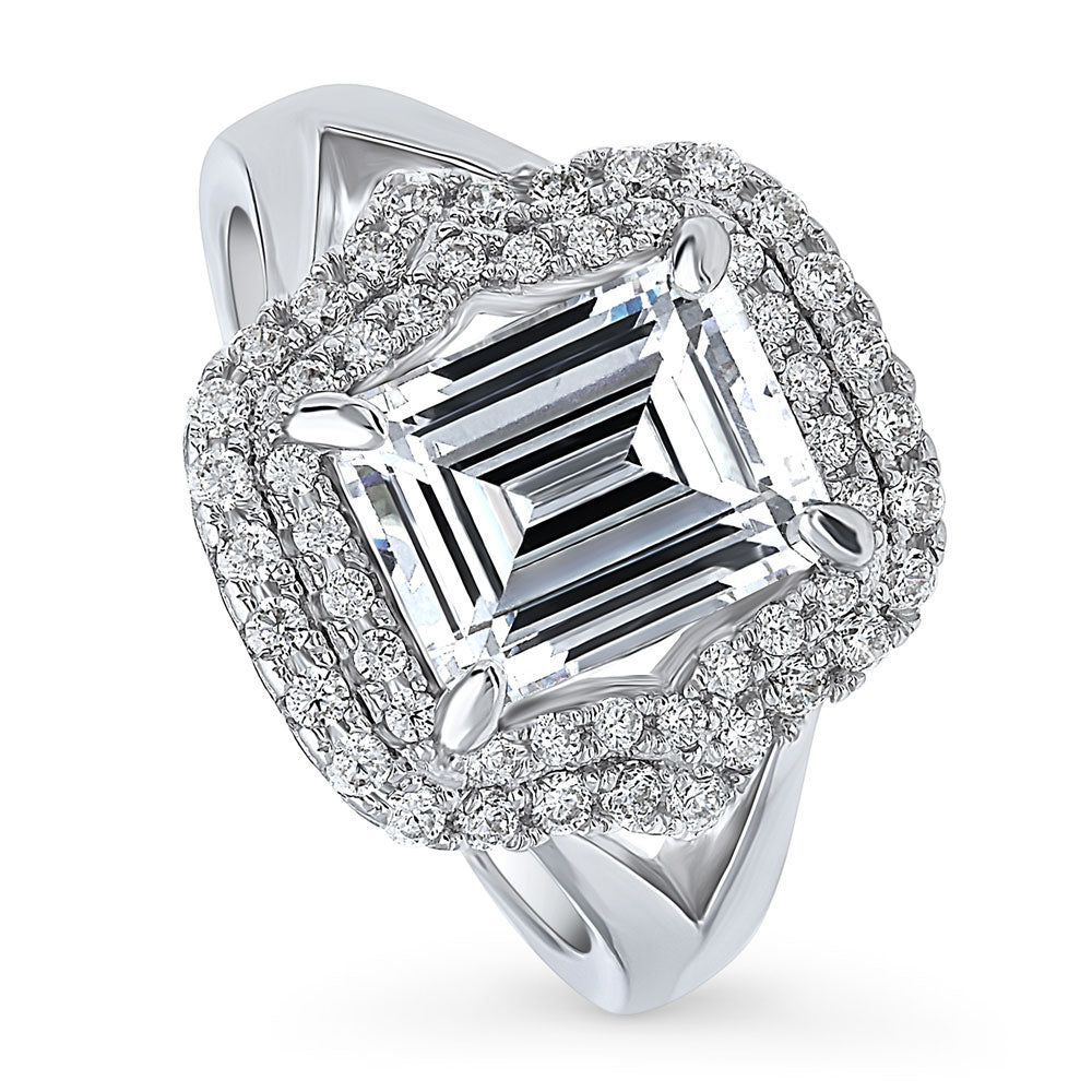 Front view of Halo Step Emerald Cut CZ Statement Split Shank Ring in Sterling Silver