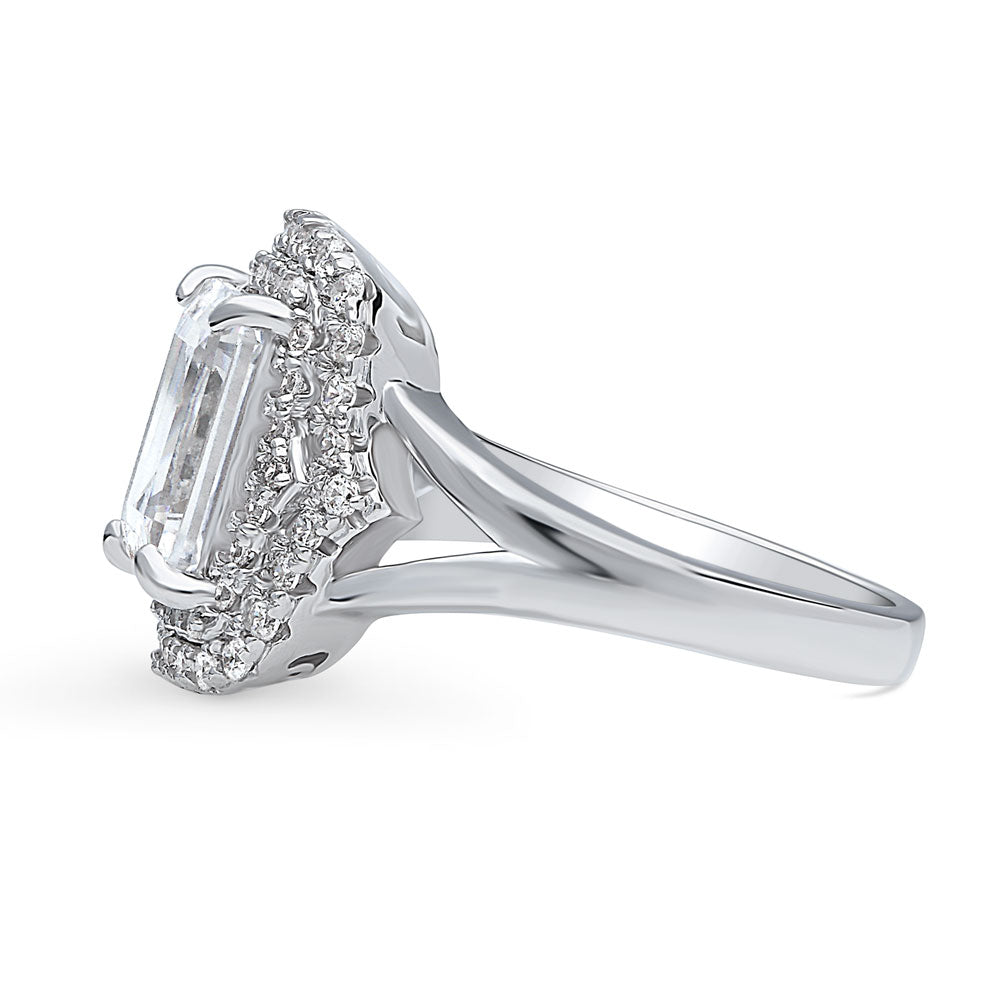 Angle view of Halo Step Emerald Cut CZ Statement Split Shank Ring in Sterling Silver