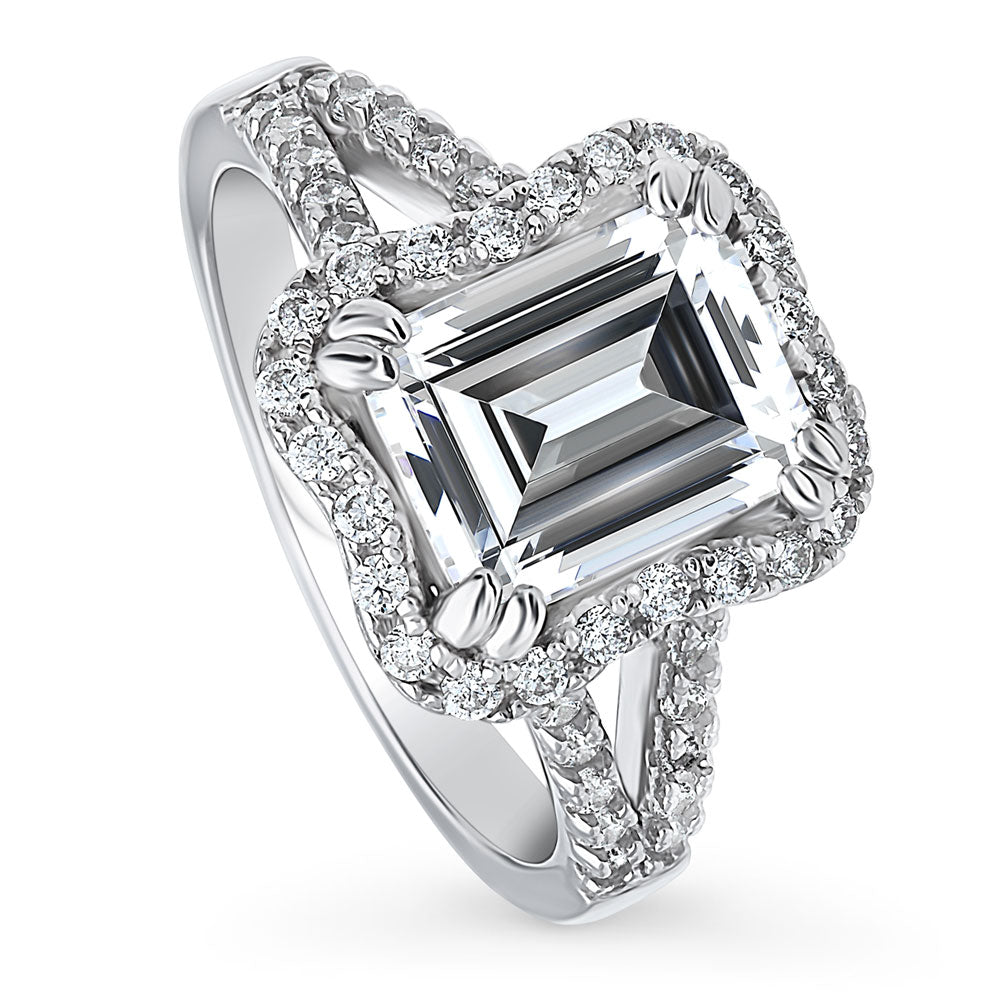 Front view of Halo Woven Step Emerald Cut CZ Split Shank Ring in Sterling Silver