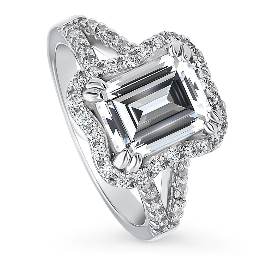 Halo Woven Step Emerald Cut CZ Split Shank Ring in Sterling Silver