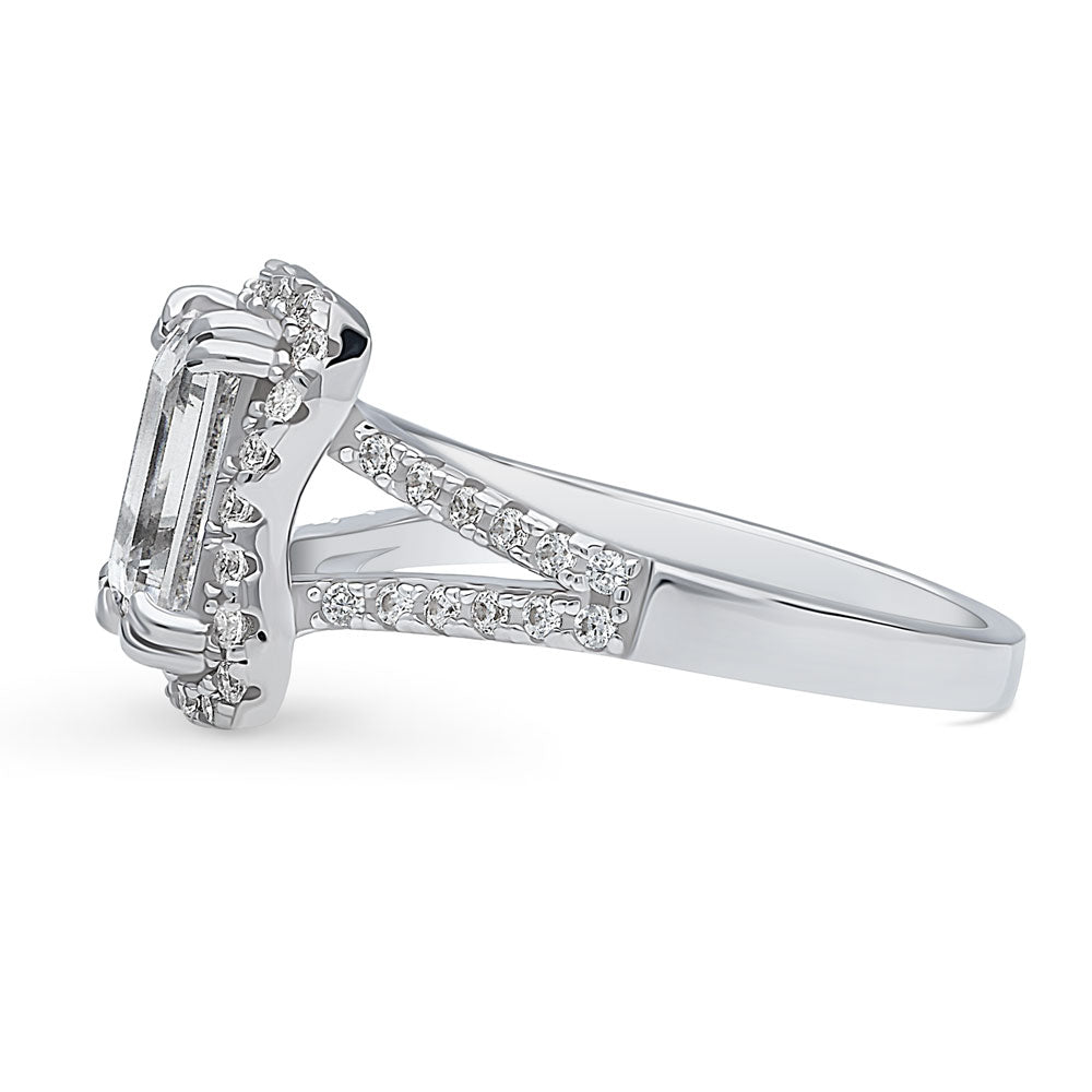 Angle view of Halo Woven Step Emerald Cut CZ Split Shank Ring in Sterling Silver