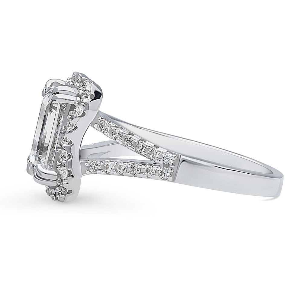 Halo Woven Emerald Cut CZ Split Shank Ring in Sterling Silver