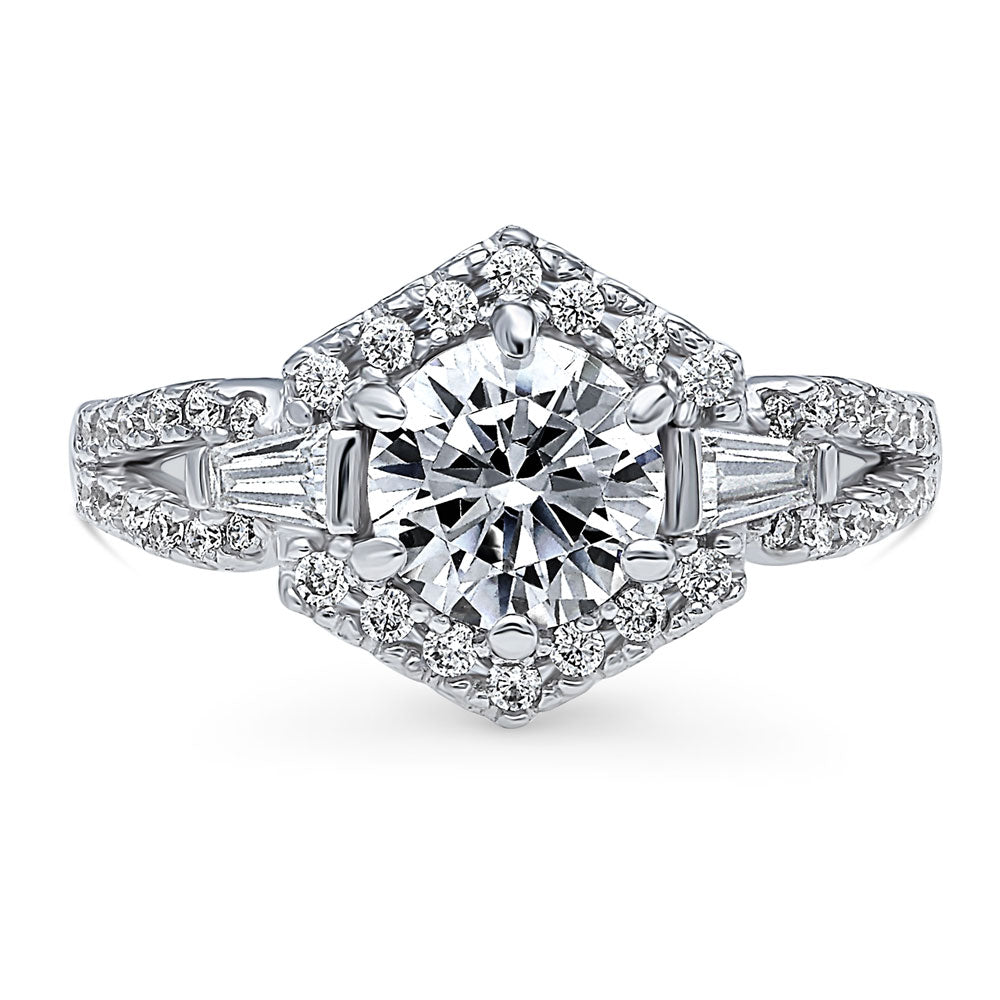 Hexagon Halo CZ Split Shank Ring in Sterling Silver