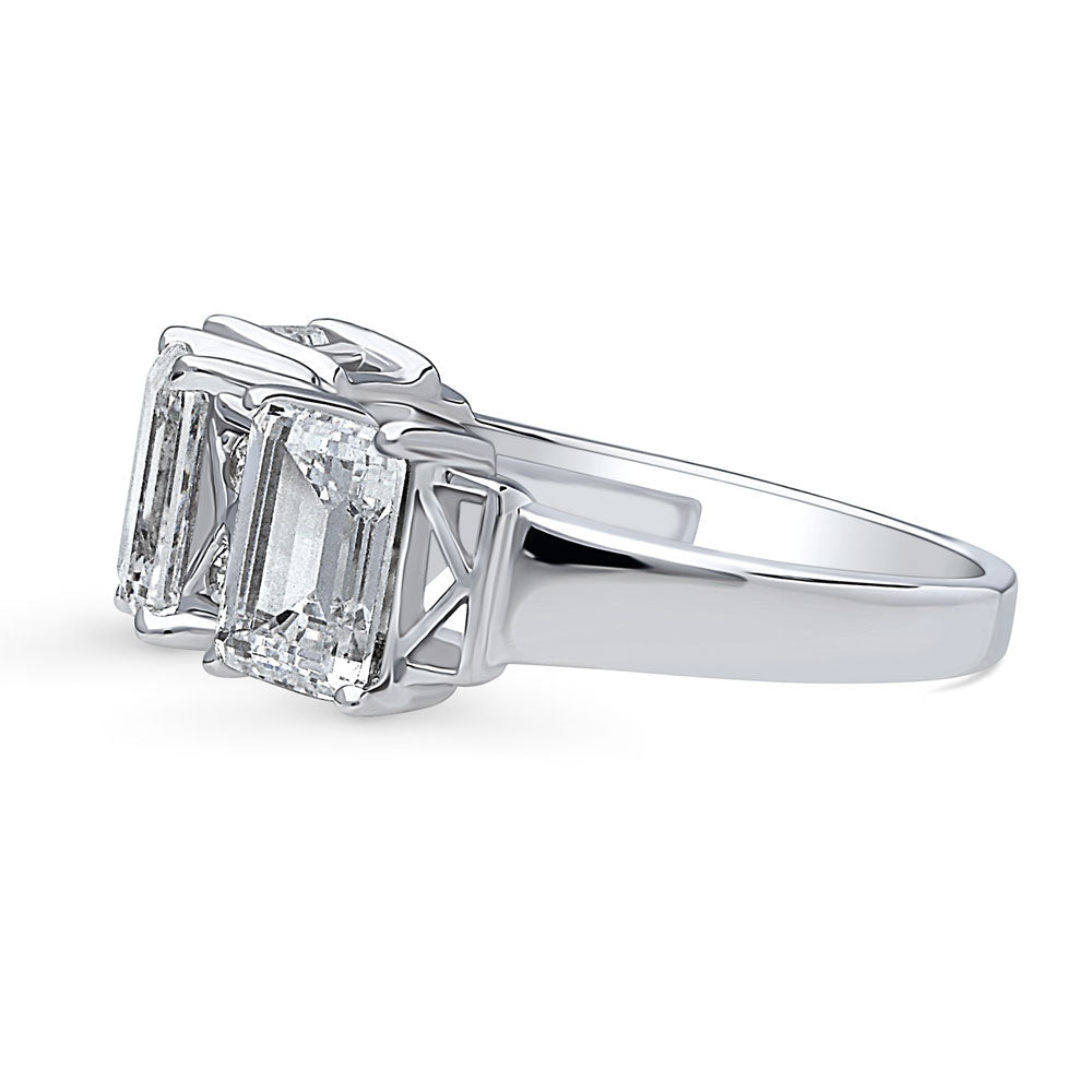 Angle view of 3-Stone Art Deco Emerald Cut CZ Statement Ring in Sterling Silver