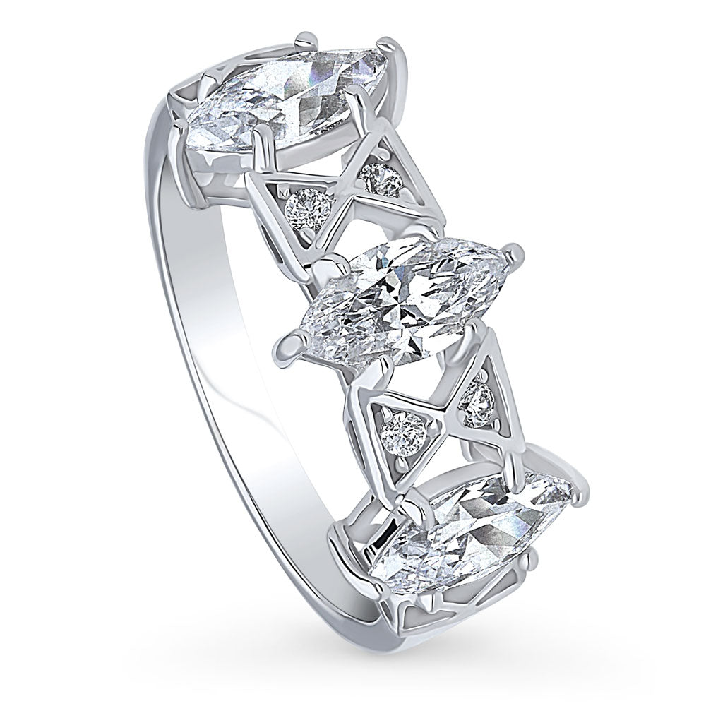 Front view of 3-Stone Art Deco Marquise CZ Statement Ring in Sterling Silver