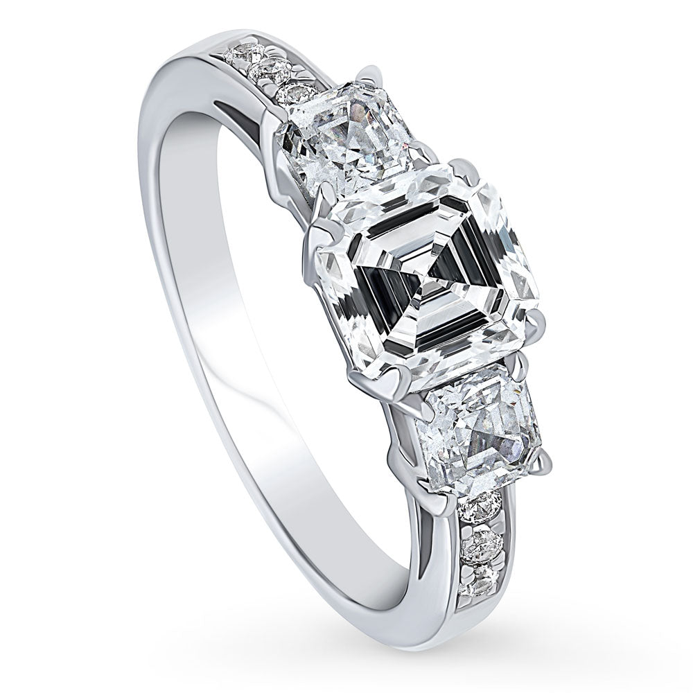 Front view of 3-Stone Asscher CZ Ring in Sterling Silver